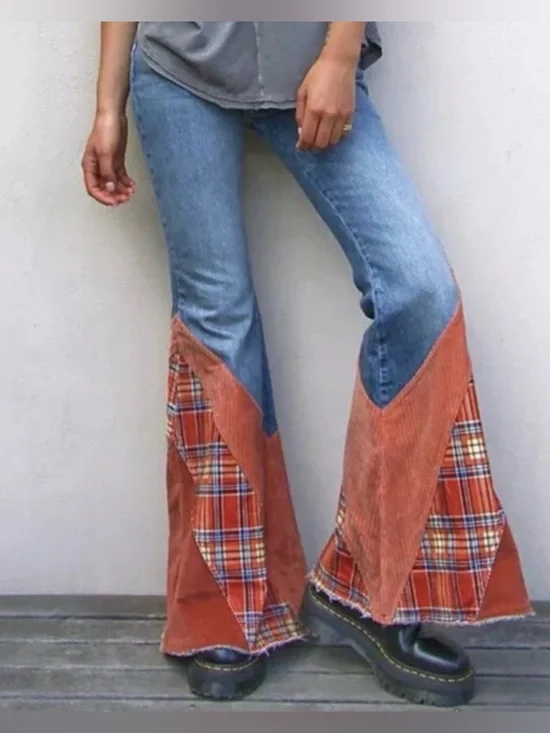 Free People We The Free Flashback Patchwork Plaid Corduroy Flare Jeans NWOT - Picture 8 of 9